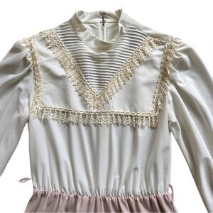 Vintage 70s 80 Jennifer Gee ILGWU Pink & Cream Dress Prairie Peasant Cottagecore